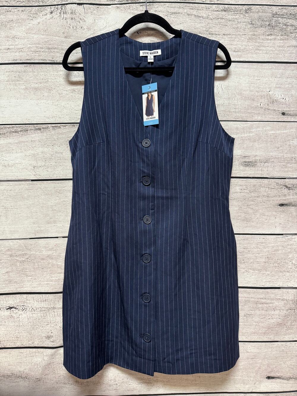 NWT Ladies Steve Madden Navy Pinstripe Sleeveless Button Front Dress - Large